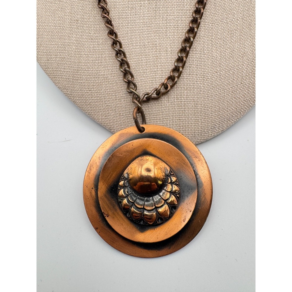 Vintage Copper Necklace Earrings Set 1950s Modernist Sunburst Pendant Flower - Picture 5 of 9
